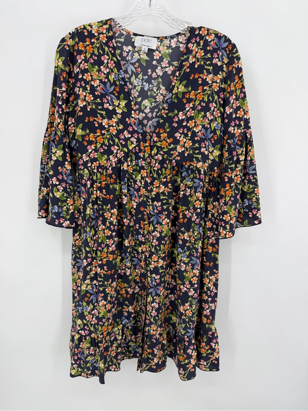 Johnny Was by Jade Floral Babydoll Button Tunic Dress Silk Black Size XS